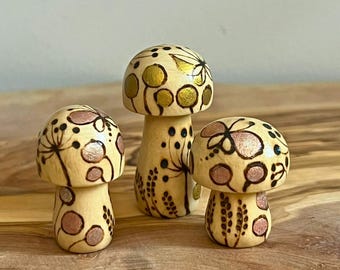 Hand Burned Wooden Mushroom Ornament – Gilded Woodland Pyrography Toadstool – Gold Rose Accents