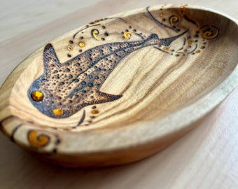 Whale Shark Pyrography Olive Wood Bowl – Hand Burned Ocean Art (Decorative Use Only)