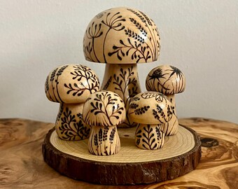 Wooden Mushroom Bundle | Pyrography Toadstool Décor | Botanical Miniature Gift | Woodland Nature Art
