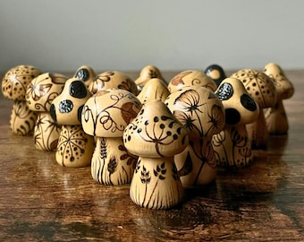 Small Wooden Mushroom Ornament | Pyrography Woodland Décor | Botanical Miniature Gift | Nature-Inspired Art