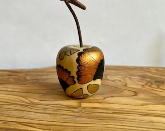Hand Decorated Wooden Apple Ornament | Botanical Pyrography Art | Gilded Woodland Décor
