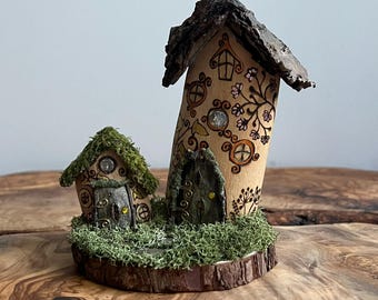 Handmade Fairy House Sculpture | Pyrography Woodland Cottage, Driftwood & Moss Miniature, One of a Kind