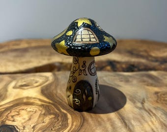 Handmade Fairy Mushroom House – Pyrography Wood Ornament with Gilt Stars & Moon
