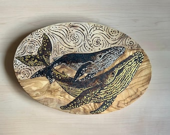 Humpback Whales Olive Wood Art, Hand Burned Pyrography Ocean Decor, Gold Silver Detail