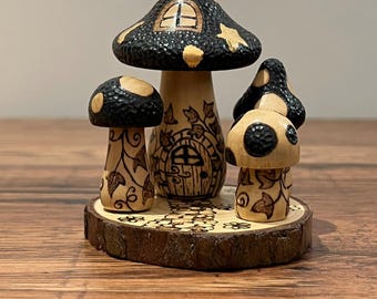 Mushroom Fairy House Sculpture | Wood Burned Pyrography Woodland Toadstool Garden Décor