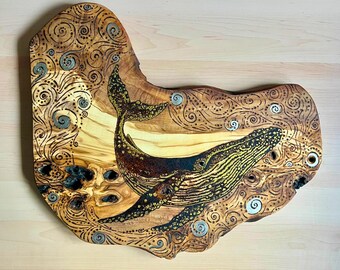 Large Olive Wood Whale Wall Art | One-of-a-Kind Pyrography Sculpture | Hand-Burned Statement Piece