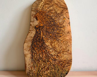 Hand Burned Olive Wood Dryad Wall Art, Pyrography Nature Goddess, Gold Leaf Details