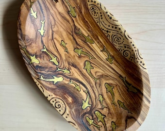 Golden Fish Olive Wood Bowl, Pyrography Art, Hand Burned Wooden Bowl, Ocean Décor