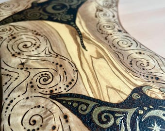 Celestial Rays | Original Manta Ray Pyrography on Olive Wood | Original Hand Burned Artwork