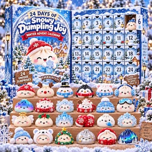 May include: A 24-day winter advent calendar titled 24 Days of Snowy Dumpling Joy, featuring a snowy landscape illustration and numbered doors. Below are 24 small, colorful, character-themed dumpling figurines wearing winter accessories.