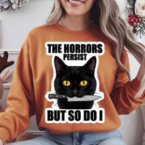Funny Cat Halloween PNG, Black Cat with Knife Design, Spooky Cute Animal Clipart, Humor Sublimation File