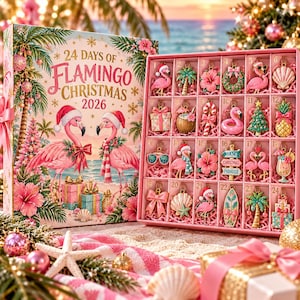 Może przedstawiać: Kalendarz adwentowy 24 Days of Flamingo Christmas 2026 z dwoma flamingami w czapkach Mikołaja na okładce, zawierający 24 numerowane przegródki z metalowymi zawieszkami o motywach tropikalnych i świątecznych.