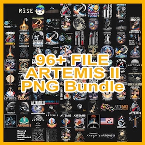 May include: A collection of 96+ Artemis II PNG files, featuring various space-themed designs. The images include rockets, the moon, and text such as "Artemis II" and "Back to the Moon". The background is black with yellow text.