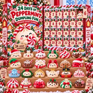 Może przedstawiać: 24-dniowy kalendarz adwentowy zatytułowany 24 Days of Peppermint Dumpling Fun, zawierający pudełko z numerowanymi drzwiczkami oraz 24 małe, kolorowe figurki pierożków o różnych charakterach, ustawione na drewnianych półkach.