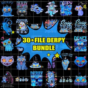 May include: A collection of blue cat-themed digital designs with the word "DERPY" in various styles. The designs include cartoon cats, text, and the phrase "30+ FILE DERPY BUNDLE".