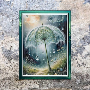 May include: A framed art print showing a whimsical scene of an umbrella in a rain shower. The umbrella is transparent with a green handle, and the rain is rendered as large, glistening droplets. The artwork is set in a green frame.
