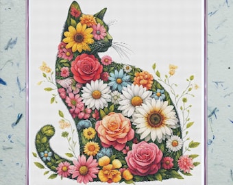 猫のシルエットのクロスステッチパターン、猫の形の刺繍、花のパターン