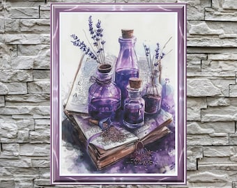 Schema punto croce con oli essenziali di lavanda / Schema ricamo lavanda / Decorazione bottiglia / Download PDF immediato