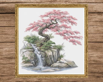 Japanese Landscape Cross Stitch Pattern | Japanese Garden Embroidery Chart | Cherry Blossom Tree Decor | Instant PDF Download