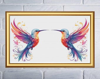 Kruissteekpatroon kolibrie | Borduurkaart vogels | Kleurrijk vogeldecor | Directe pdf-download