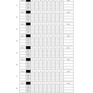 Puede incluir: Un gráfico de lanzamiento de béisbol blanco con texto negro. El gráfico está dividido en secciones para cada bateador, con espacios para registrar los resultados de los lanzamientos. El título "PITCHING CHART" está en la parte superior, con espacio para el lanzador, el oponente y la fecha.