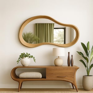 Asymmetrical Mirror, Mid-Century Modern Handmade Wooden Mirror, Irregular Entryway Wall Mirror, Modern Wooden Frame Mirror