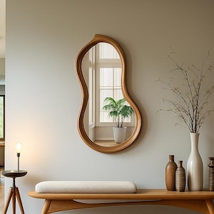 Walnut Asymmetrical Mirror, Walnut Irregular Mirror, Irregular Wooden Mirror, Curved Entryway Mirror, Wooden Framed Organic Wall Mirror