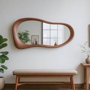 Asymmetrical Wooden Mirror, Walnut Irregular Mirror, Walnut Living- Entryway Mirror, Decorative Wall Mirror, Mcm Mirror, Mirror Wall Decor