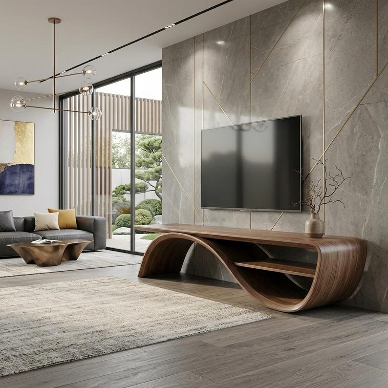 May include: A curved wooden media console with a smooth, continuous wave-like frame and an integrated shelf. The piece features a rich, dark wood grain finish and is positioned against a large, gray stone wall with gold inlay lines.