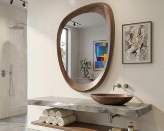Solid Walnut Asymmetrical Mirror, Organic Mid Century Modern Bathroom Decor