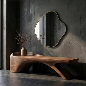 Ręcznie wykonana artystyczna ławka z litego orzecha włoskiego: rzeźbiarski design w stylu Mid-Century Modern