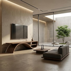 May include: A curved wooden media console with a flat top and lower shelf, positioned beneath a wall-mounted television. A low wooden coffee table with a small black sculpture sits in front of a gray upholstered sofa on a concrete floor.