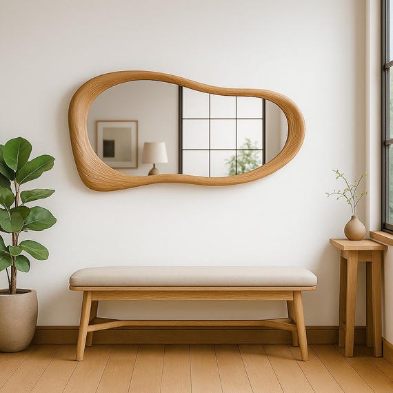 Handmade Oak Asymmetrical Mirror, Organic Modern Entryway Wall Art