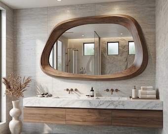 Asymmetrical Wooden Mirror, Mid Century MCM Irregular Mirror, Decorative Wall Decor for Bathroom