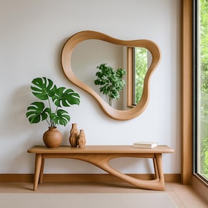 Oak Irregular Mirror- Oak Asymmetrical Mirror- Asymmetrical Entryway Mirror- Wooden Framed Asymmetrical Mirror- Irregular Wooden Mirror