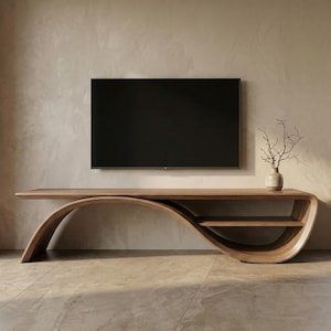 May include: A long, curved wooden media console with a smooth, flowing silhouette and a single integrated shelf. A flat-screen television is mounted on the wall above the console, and a small ceramic vase with bare branches sits on the right.