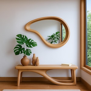 Handcrafted Oak Asymmetrical Mirror, Asymmetrical Irregular Mirror, Mid Century Modern Mirror, Wooden Framed Mirror - Mirror Home Decor
