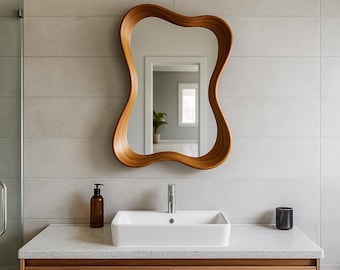 Oak Asymmetrical Wall Mirror: Mid Century Modern Mirror Art