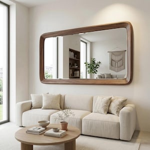 Espejo rectangular de nogal macizo estilo MCM, gran decoración de pared, diseño moderno orgánico.