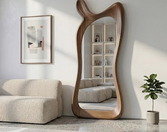 Asymmetrical Walnut Full Length Mirror: Mid-Century Modern Standing Mirror