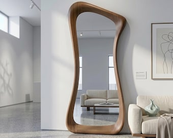 Asymmetrischer Walnuss Ganzkörper-Spiegel: Mid-Century Modern Rustikal Dekor