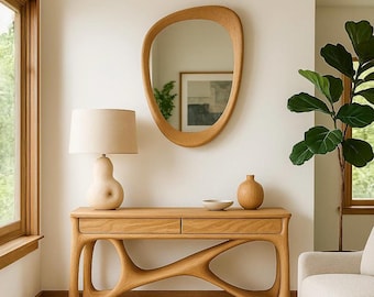 Asymmetrical Oak Wall Mirror: Mid-Century Modern Entryway Decor