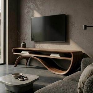 May include: A contemporary wooden TV unit with a distinctive curved design. The unit has a natural wood finish and an open shelf. A large flat-screen TV is mounted above it. The room also features a grey sofa and a concrete coffee table. The unit is approximately 180 cm long.
