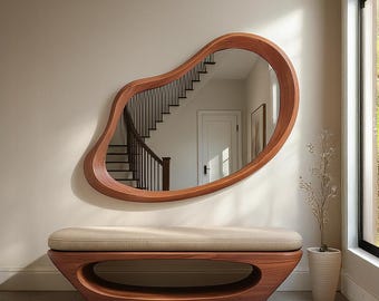 Asymmetrical Walnut Wood Frame Mirror: Modern Home Decor, Mid Century Mirror