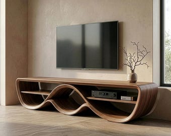 Mueble de TV escultural de nogal macizo, consola de madera curvada orgánica de mediados de siglo