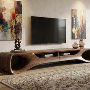May include: A contemporary, curved wooden TV unit with open storage and a dark finish. The unit has a unique, sculptural design with rounded cutouts. Two abstract paintings and a large flat-screen TV are mounted on the wall above the unit.