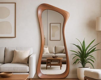 非対称のウォールナット材の全身鏡：ミッドセンチュリーモダンデザイン