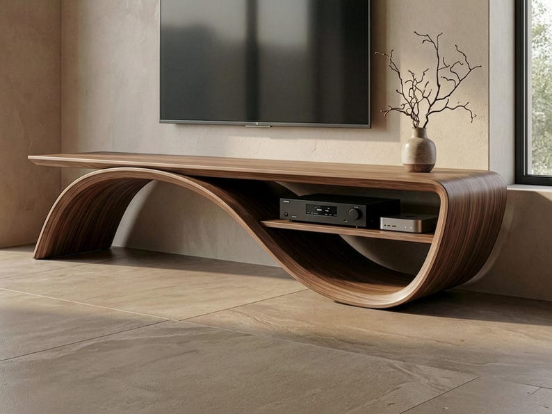 May include: A long, curved wooden media console with a smooth, dark brown grain finish. The unit features an integrated lower shelf holding a black electronic device and a small silver component, with a vase of bare branches on top.
