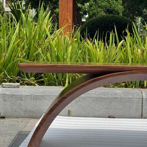 May include: A dark brown wooden bench featuring a smooth, polished horizontal seat and a single curved, arched support leg that extends from the underside to the ground, showcasing a natural wood grain finish throughout the structure.