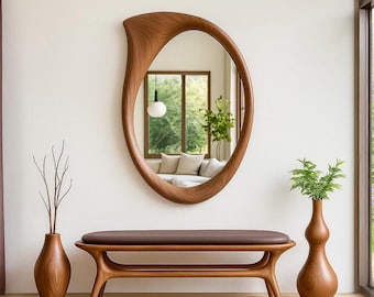 Walnut Asymmetrical Wall Mirror: Mid Century Modern Wood Frame